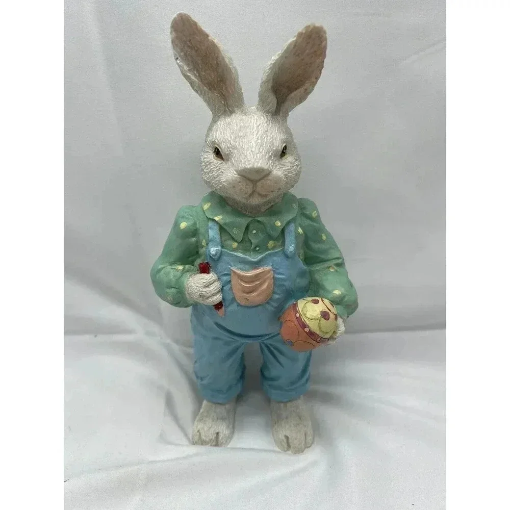 Vintage Bunny Rabbit Figurine Painting Egg Blue Overalls Easter Spring